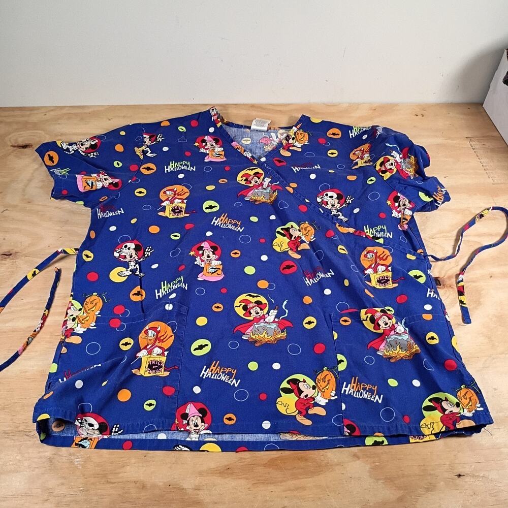 Disney Halloween Scrub Top Womens Large Blue Mickey Minnie Donald Duck Cotton
